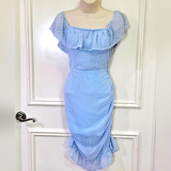 Eilly Bazar Light Blue Raised Dot On/Off Shoulder Ruffle Ruched Dress,Large - Picture 12 of 16